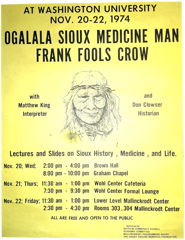 Poster for Frank Fools Crow's Nov. 1974 visit to Washington University in St. Louis, MO